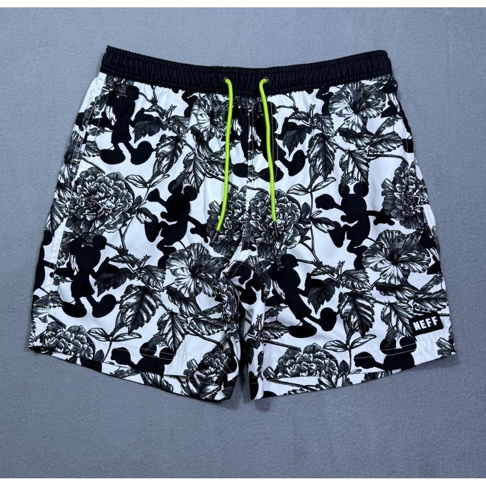 NEFF Disney Mickey Mouse Floral Swim Trunks Board Shorts Mens M Black White